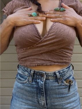 Brown V-Neck Wrap Crop Top - Women